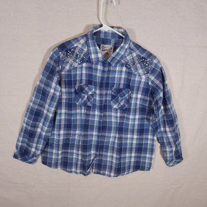 Overdrive Clothing Western Snap Shirt Womens XL Plaid Blue Pockets Spangles